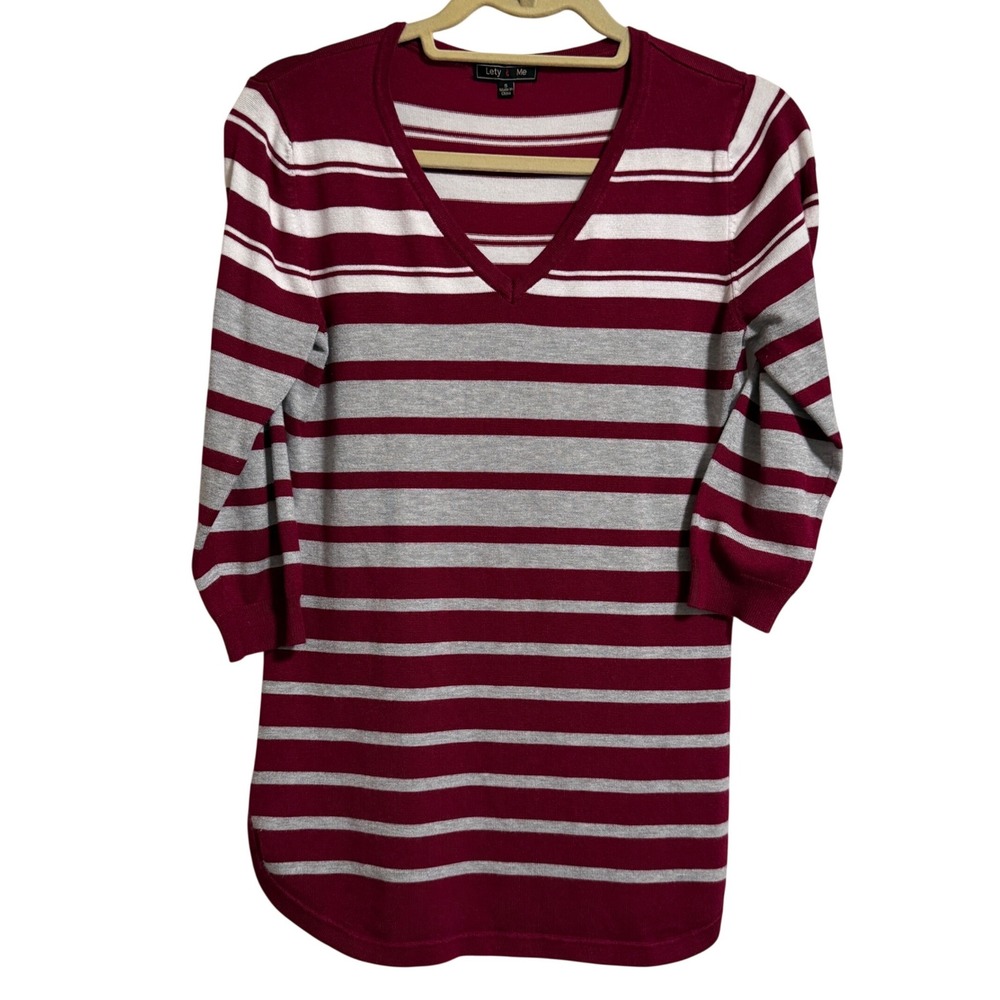 Lety & Me Womens Burgundy Striped‎ V-Neck 3/4 Sleeve Sweater Small